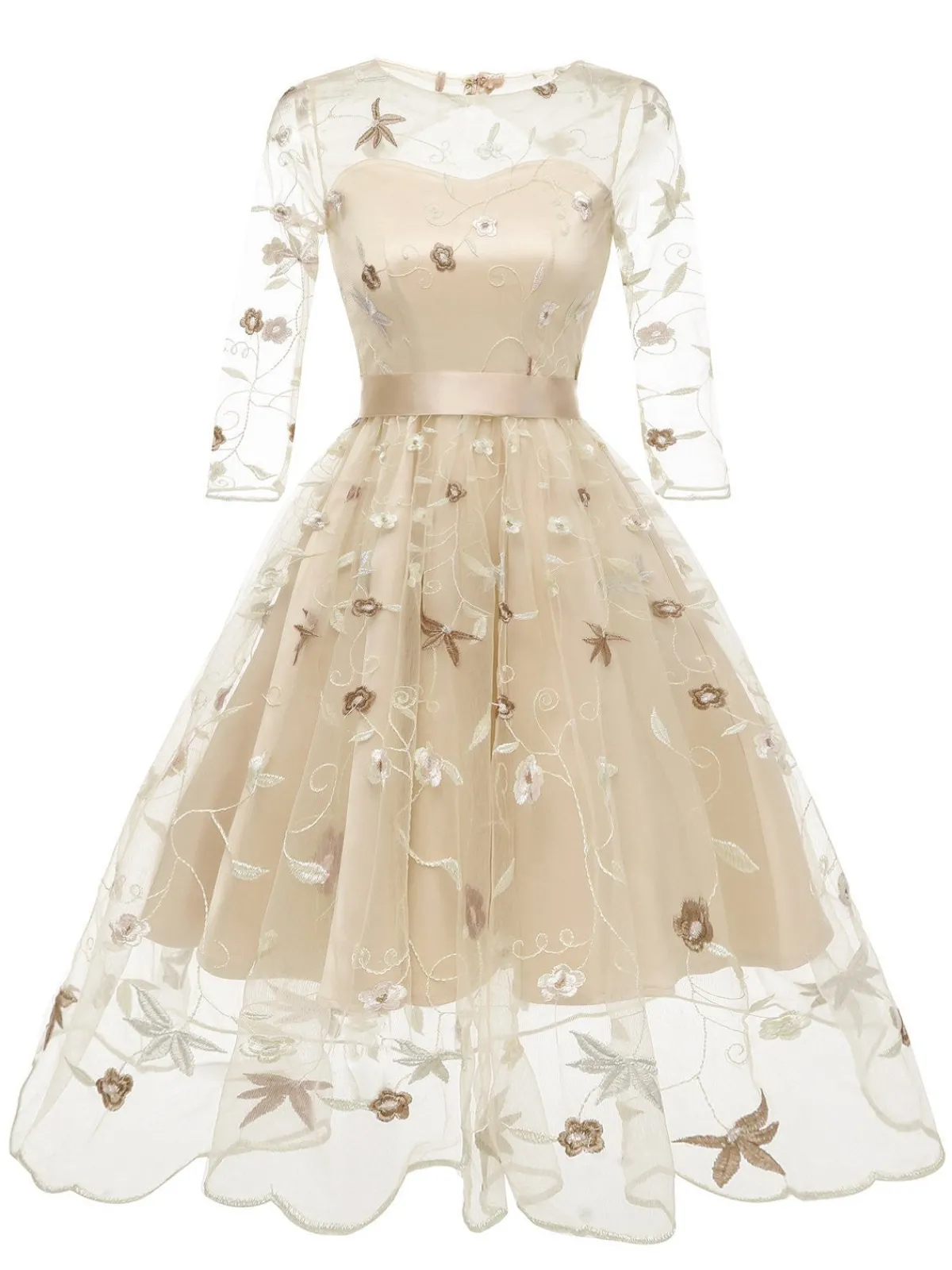 Fashion Retro Stage 3/4 Sleeve 1950s Floral Embroidery Dress