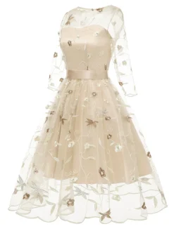 Fashion Retro Stage 3/4 Sleeve 1950s Floral Embroidery Dress