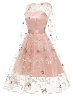 Fashion Retro Stage 3/4 Sleeve 1950s Floral Embroidery Dress