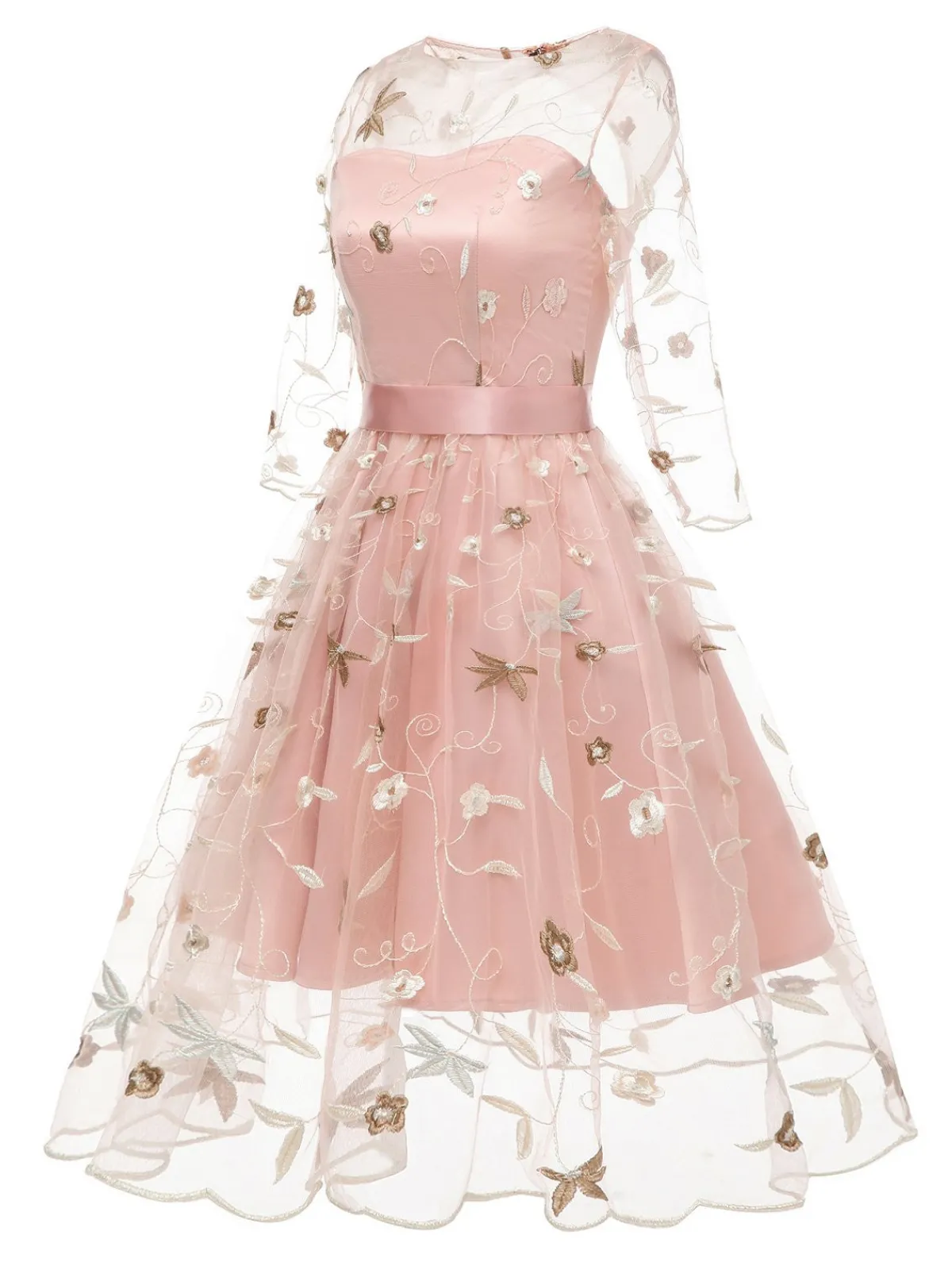 Fashion Retro Stage 3/4 Sleeve 1950s Floral Embroidery Dress