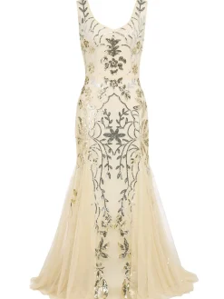 Online Retro Stage 1920s Sequin Maxi Dress Apricot