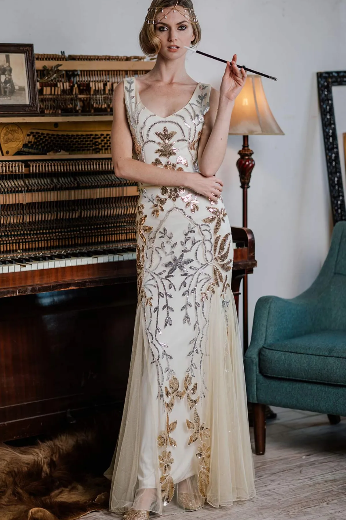 Online Retro Stage 1920s Sequin Maxi Dress Apricot