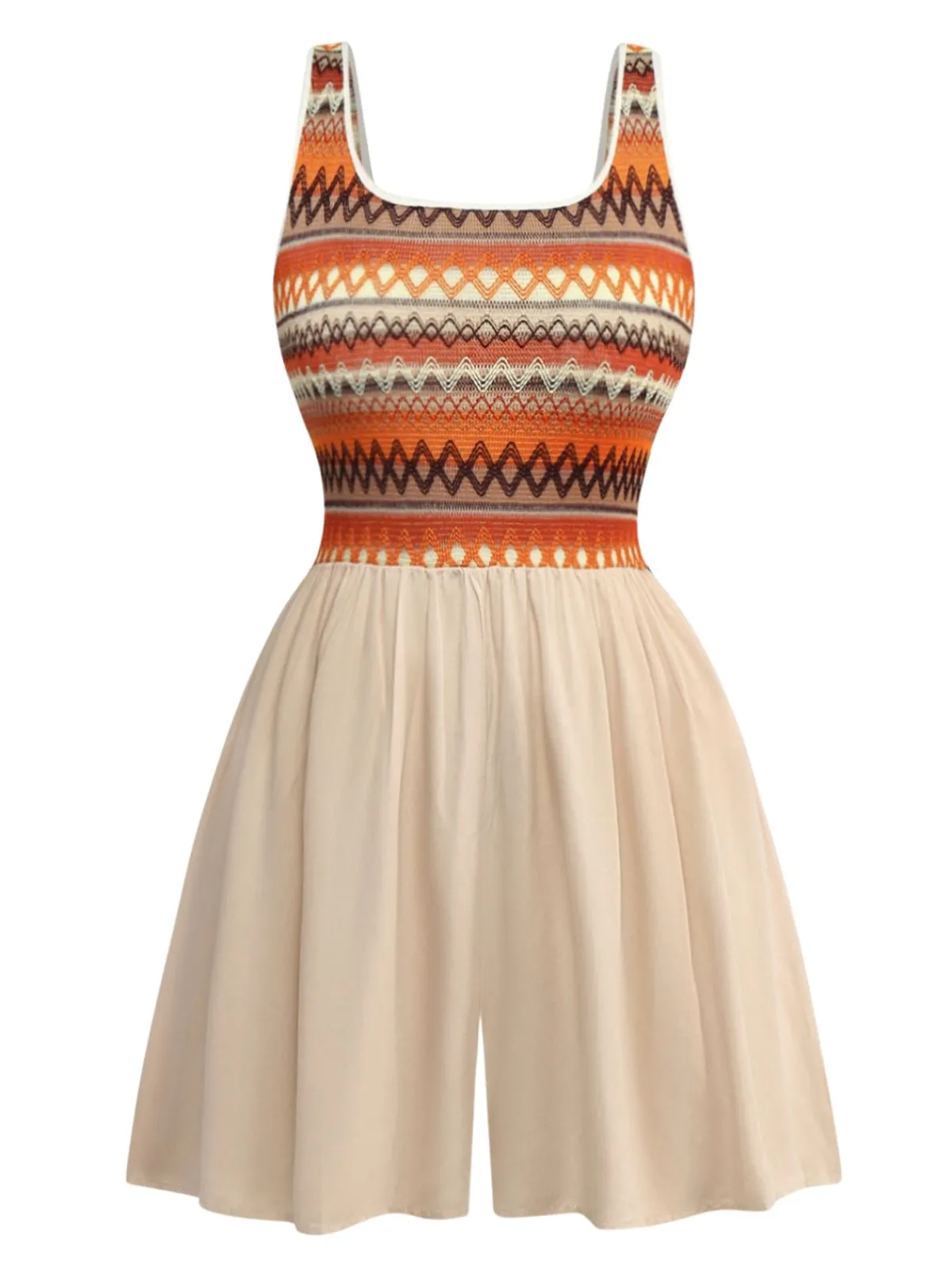 Online Retro Stage 1970s Boho Square Neck Patchwork Romper Apricot