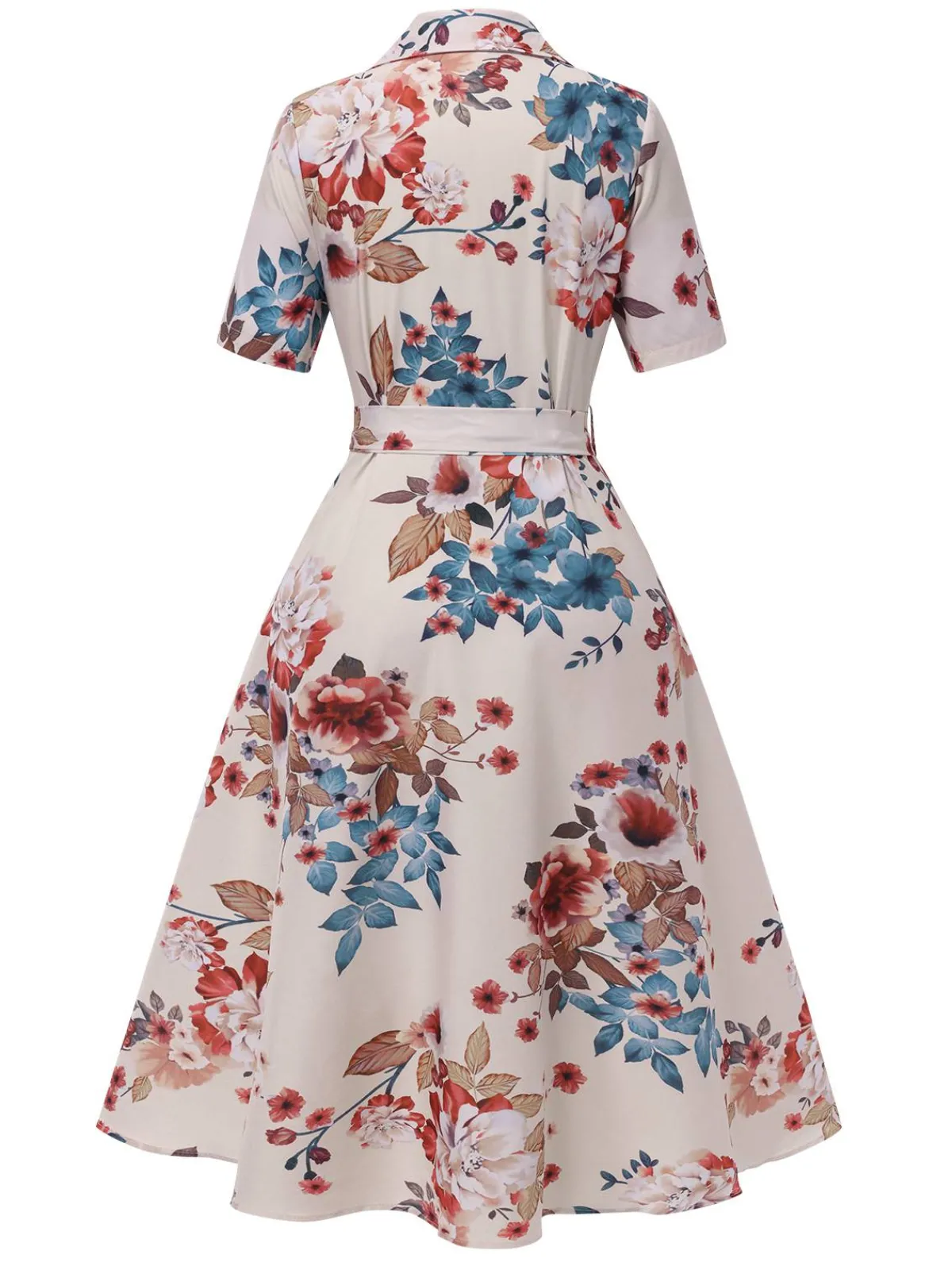 Best Retro Stage 1940s Floral Belted Lapel Dress Apricot