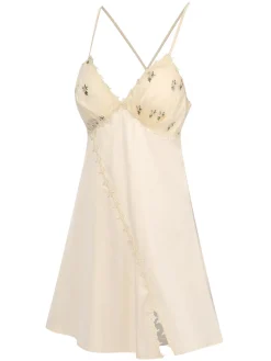 Online Retro Stage Apricot 1950s Floral Cross Straps Slit Nightgown
