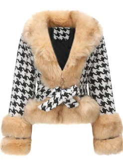 New Retro Stage 1950s Houndstooth Faux Fur Coat Apricot