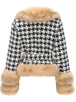 New Retro Stage 1950s Houndstooth Faux Fur Coat Apricot