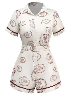Sale Retro Stage 1950s Island Time Shell Lapel Romper Apricot