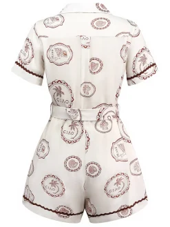 Sale Retro Stage 1950s Island Time Shell Lapel Romper Apricot