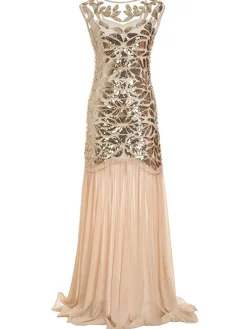 Best Retro Stage 1920s Sequin Maxi Flapper Dress Apricot