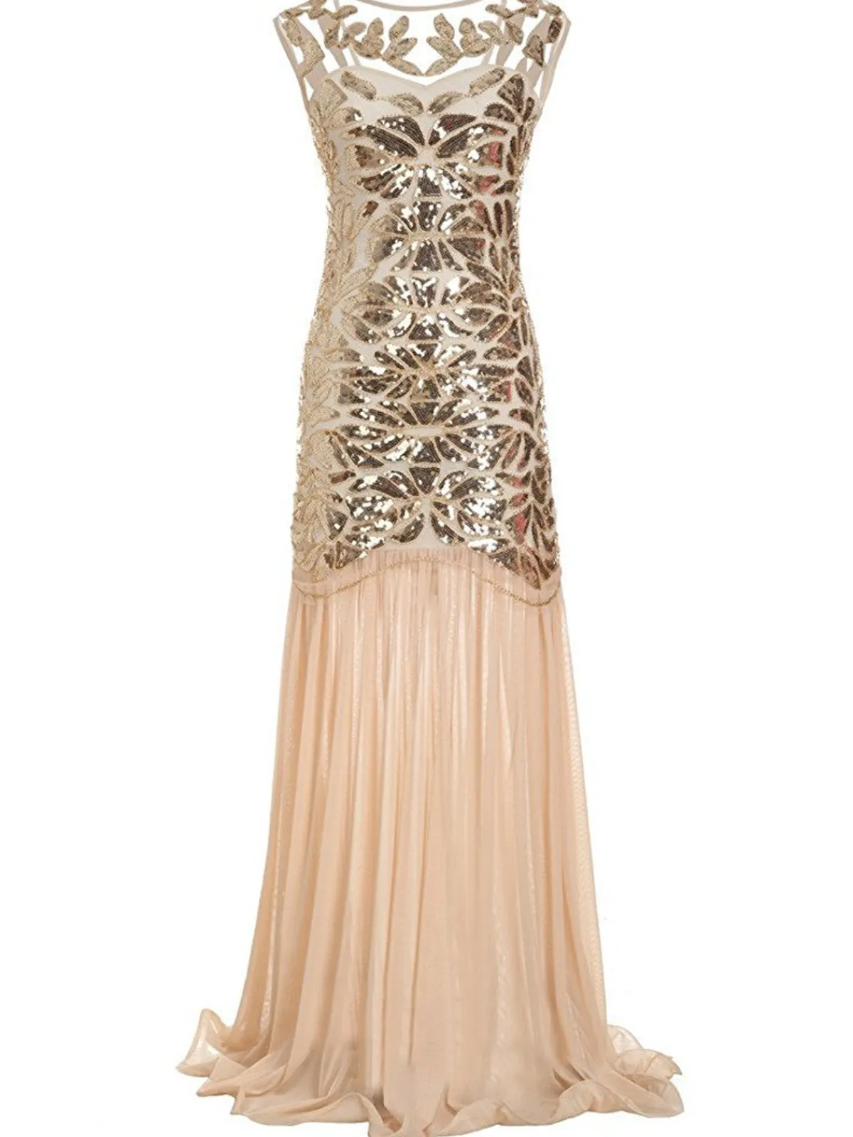 Best Retro Stage 1920s Sequin Maxi Flapper Dress Apricot