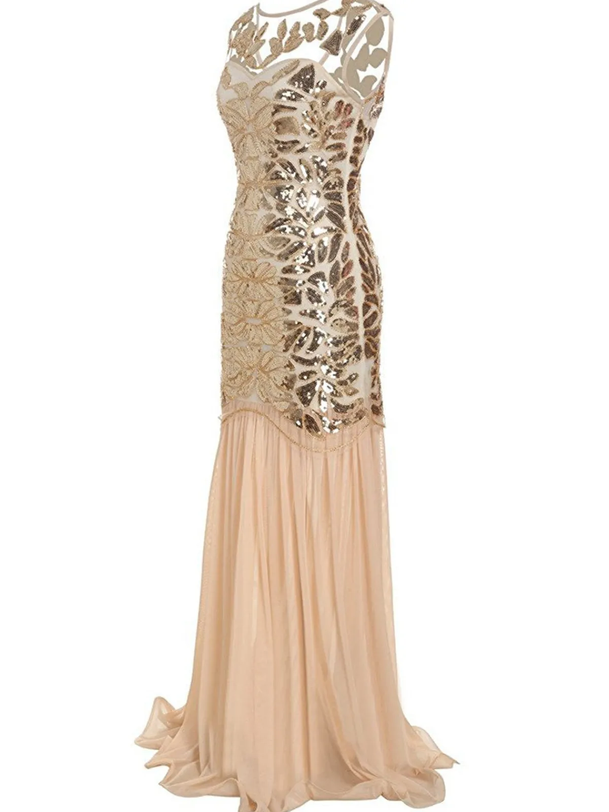 Best Retro Stage 1920s Sequin Maxi Flapper Dress Apricot