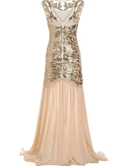 Best Retro Stage 1920s Sequin Maxi Flapper Dress Apricot