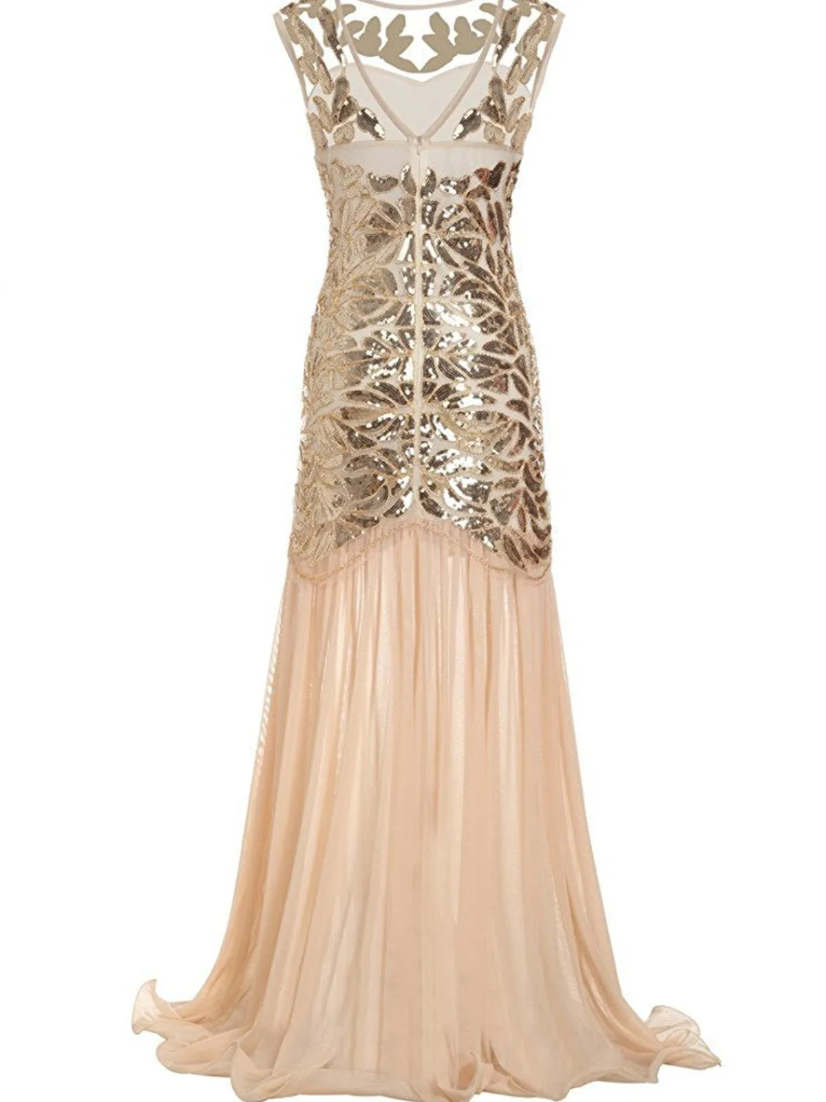 Best Retro Stage 1920s Sequin Maxi Flapper Dress Apricot