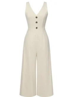 Online Retro Stage 1930s Solid Button Bow Jumpsuit Apricot