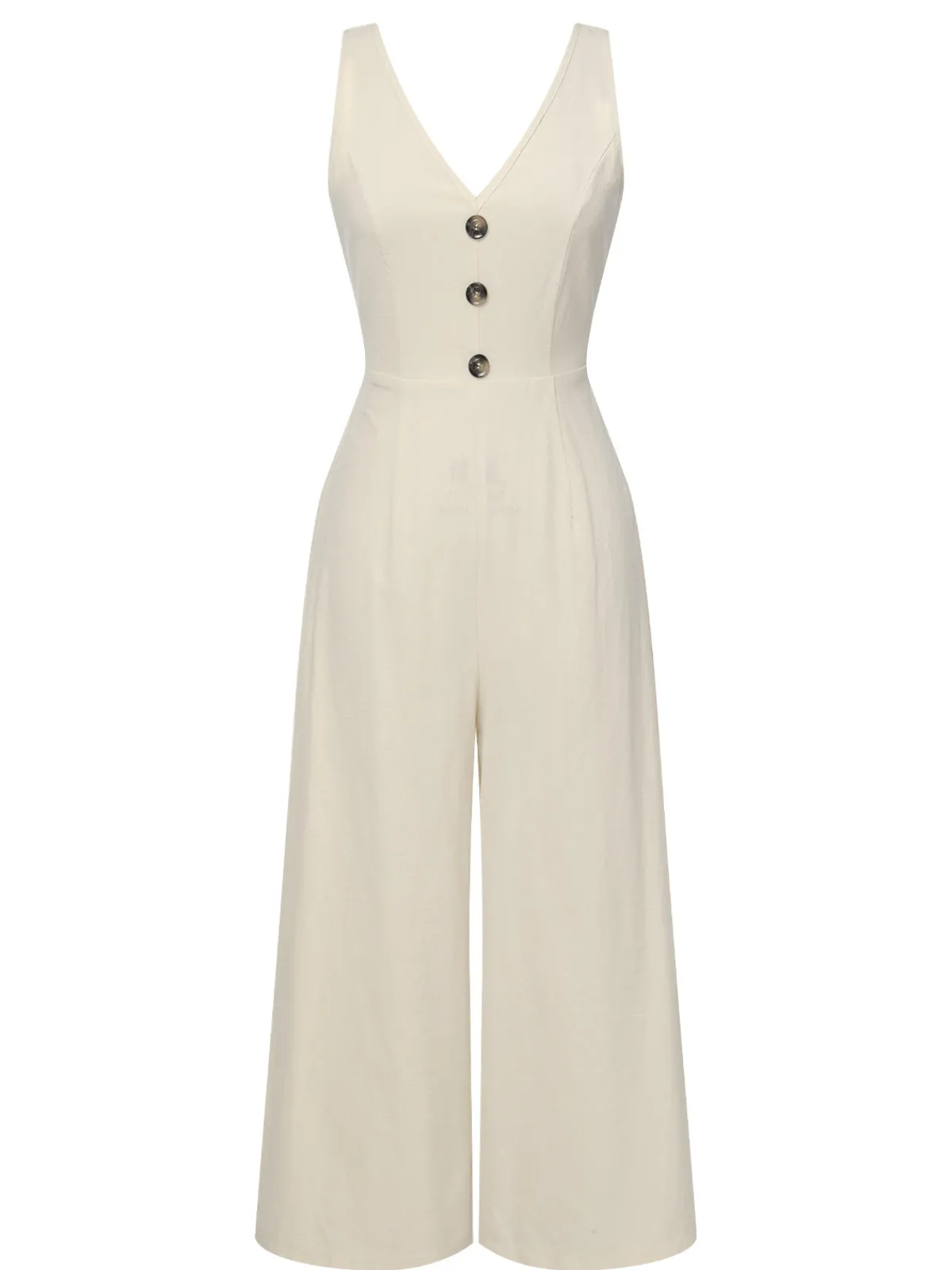 Online Retro Stage 1930s Solid Button Bow Jumpsuit Apricot