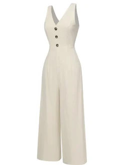 Online Retro Stage 1930s Solid Button Bow Jumpsuit Apricot