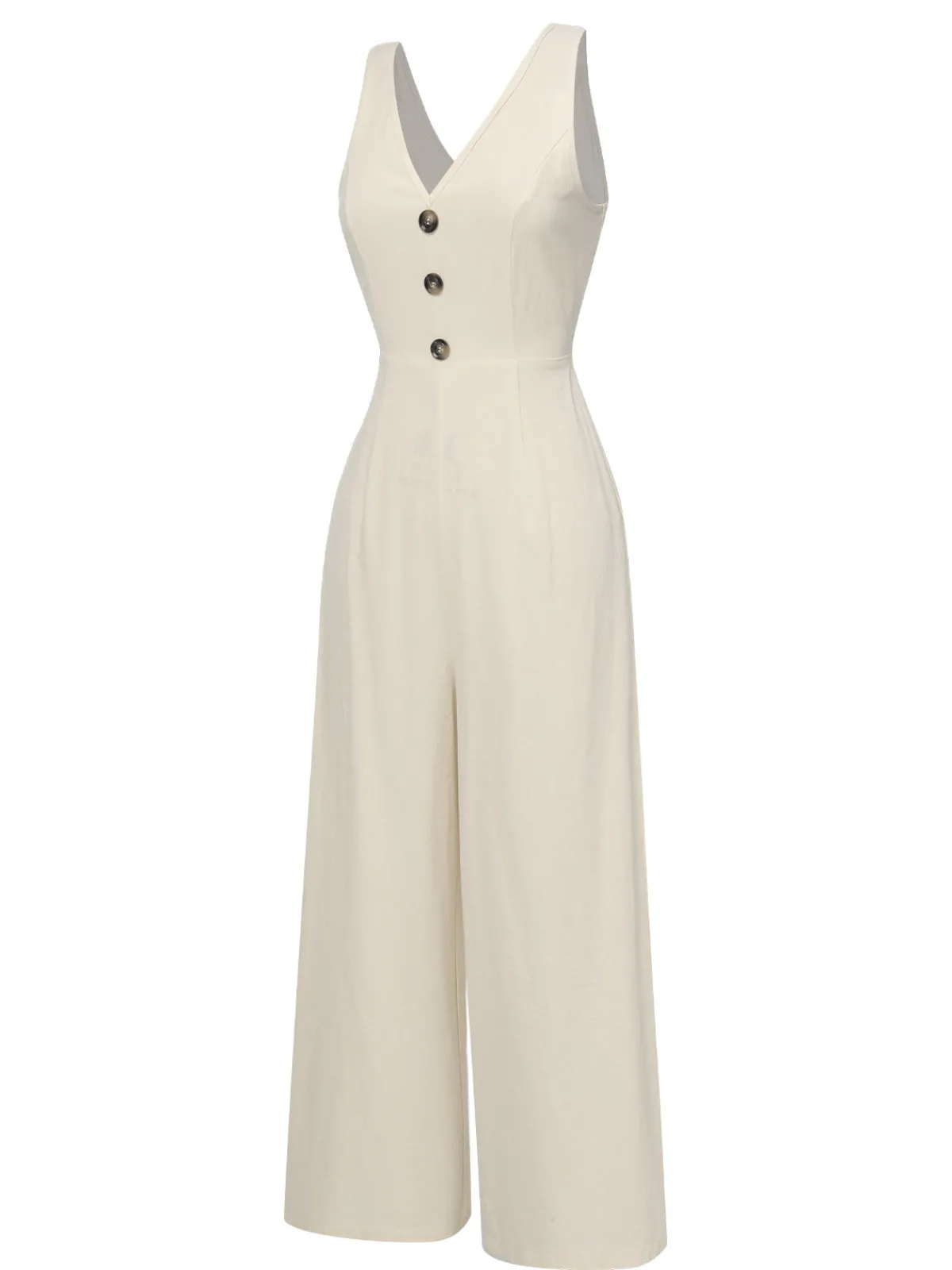 Online Retro Stage 1930s Solid Button Bow Jumpsuit Apricot