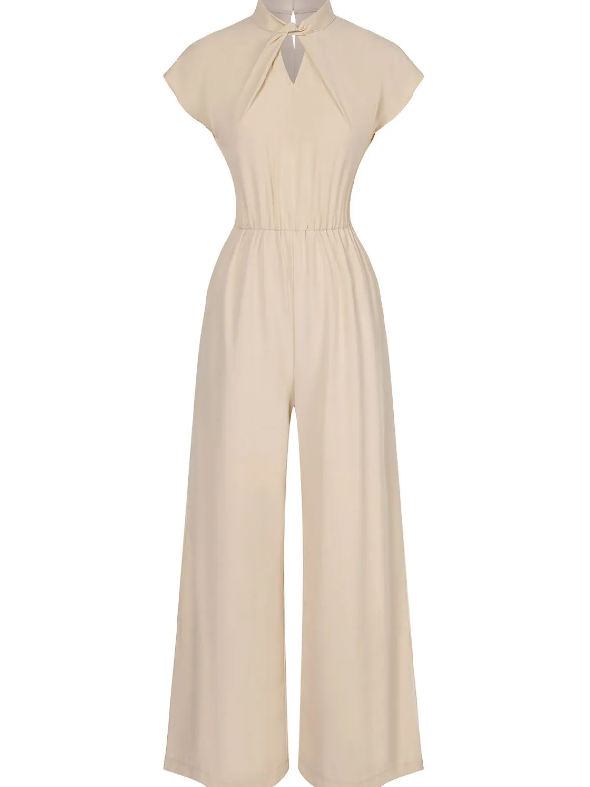 Clearance Retro Stage 1930s Solid Cutout Wide-Leg Jumpsuit Apricot