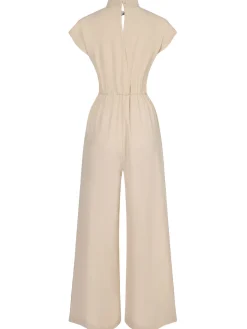 Clearance Retro Stage 1930s Solid Cutout Wide-Leg Jumpsuit Apricot