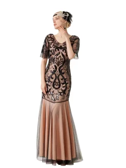 Sale Retro Stage 1920s V-Neck Sequined Mesh Evening Dress Apricot