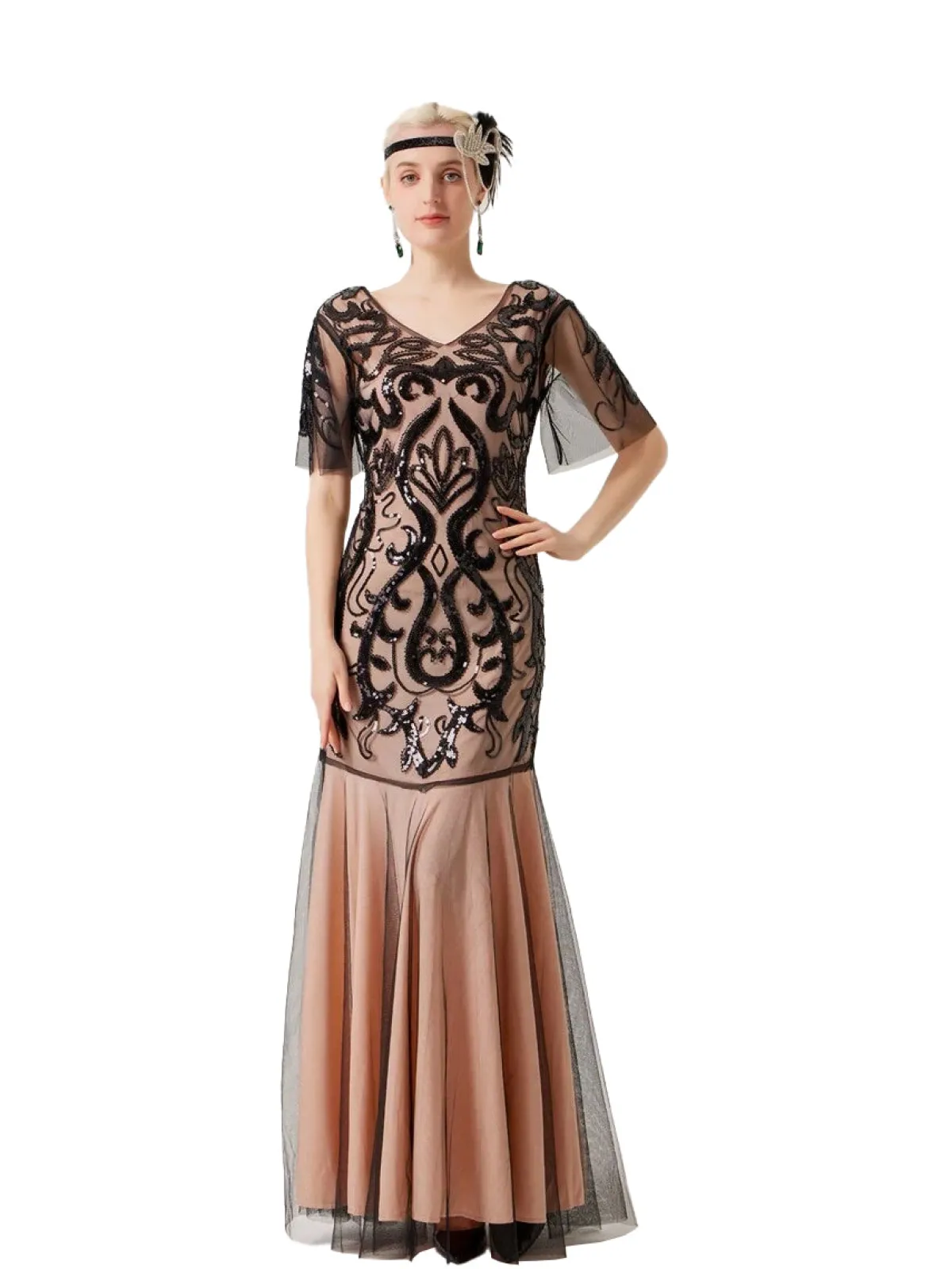 Sale Retro Stage 1920s V-Neck Sequined Mesh Evening Dress Apricot
