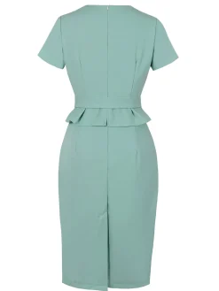 Outlet Retro Stage 1960s Solid Hole-Cut Neck Belt Dress Aqua Green