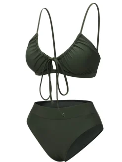 Discount Retro Stage 1950s Solid Drawstring Halter Bikini Army Green