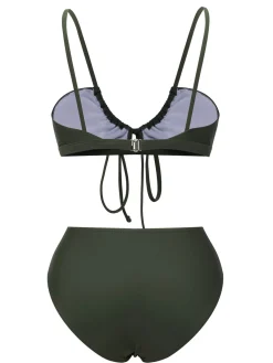 Discount Retro Stage 1950s Solid Drawstring Halter Bikini Army Green