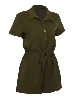 New Retro Stage 1950s Solid Lace-up Romper Army Green