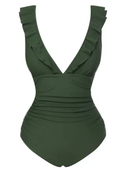 New Retro Stage 1950s Solid Ruffles V-Neck Swimsuit Army Green