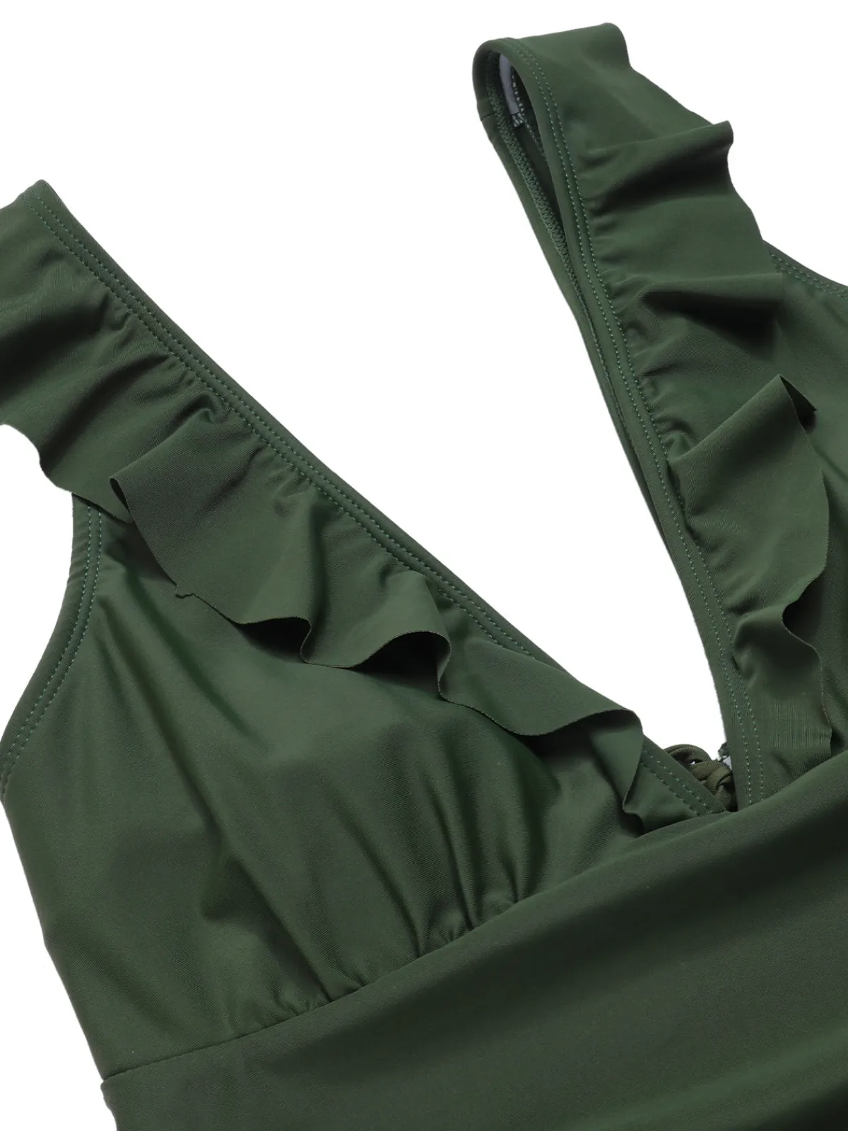 New Retro Stage 1950s Solid Ruffles V-Neck Swimsuit Army Green