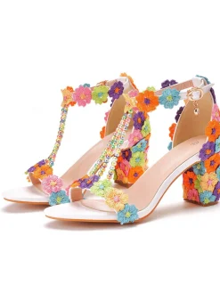 Fashion Retro Stage Beaded Flower Hand Embroidered High Heeled Sandals