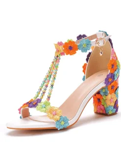 Fashion Retro Stage Beaded Flower Hand Embroidered High Heeled Sandals