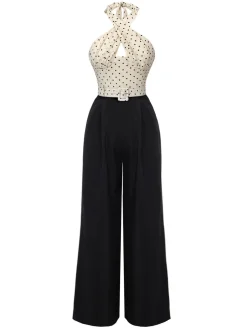 Clearance Retro Stage 1950s Heart Dots Halter Jumpsuit Beige & Black