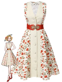 Best Retro Stage 1950s Painting Roses Belted Dress Beige & Red