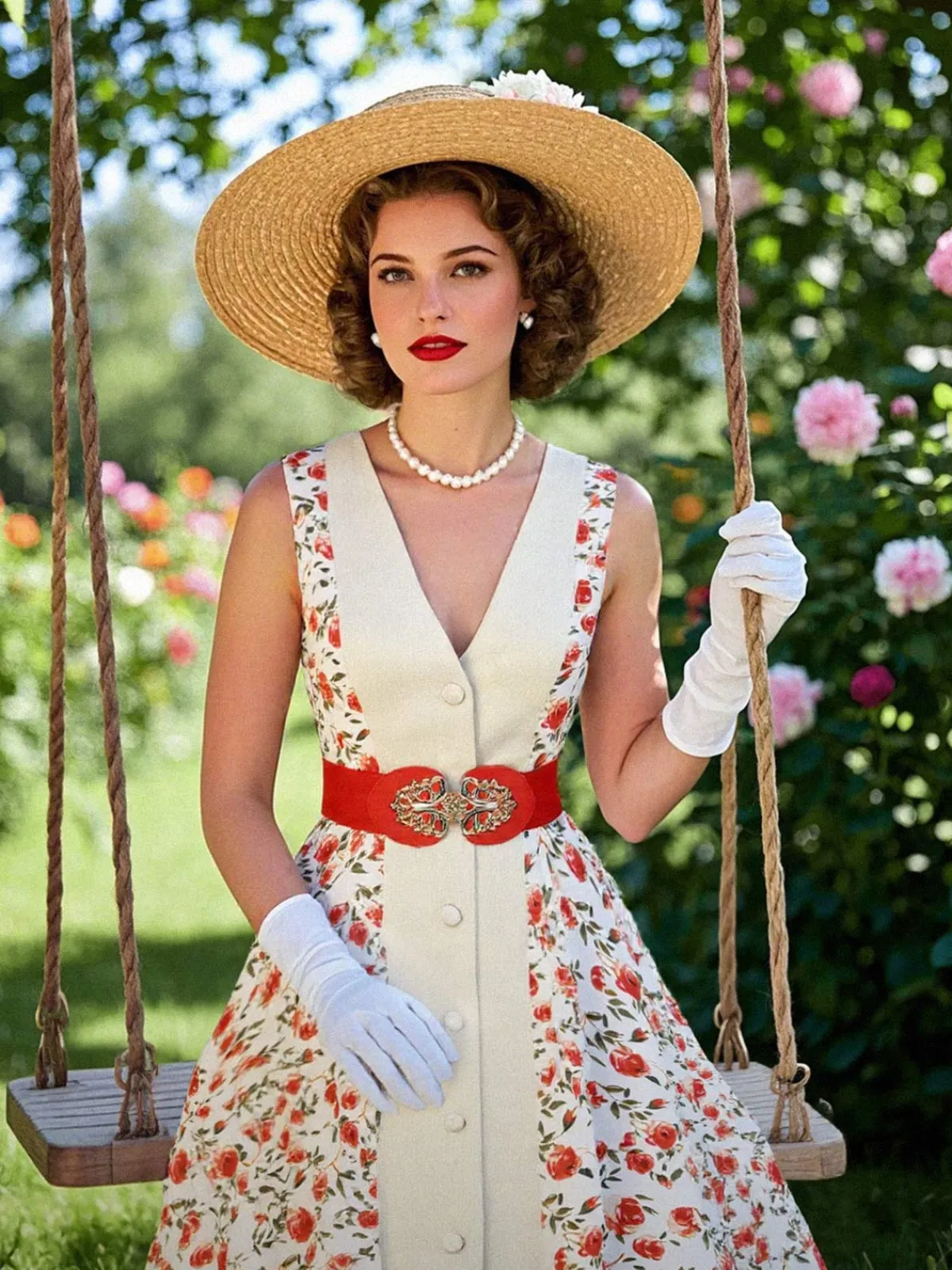 Best Retro Stage 1950s Painting Roses Belted Dress Beige & Red