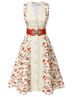 Best Retro Stage 1950s Painting Roses Belted Dress Beige & Red
