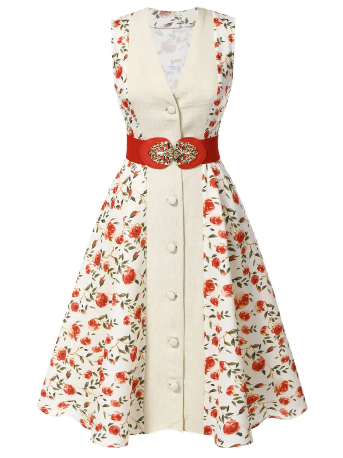 Best Retro Stage 1950s Painting Roses Belted Dress Beige & Red
