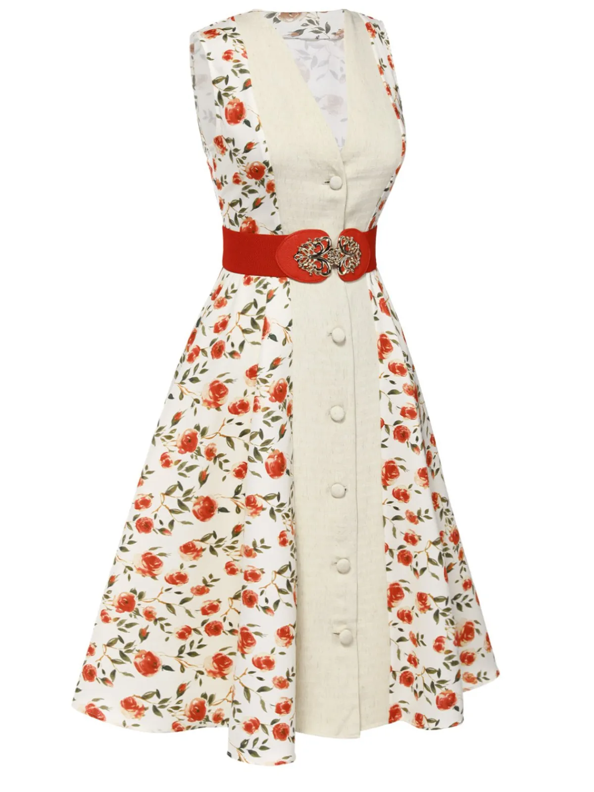 Best Retro Stage 1950s Painting Roses Belted Dress Beige & Red