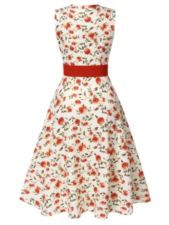 Best Retro Stage 1950s Painting Roses Belted Dress Beige & Red