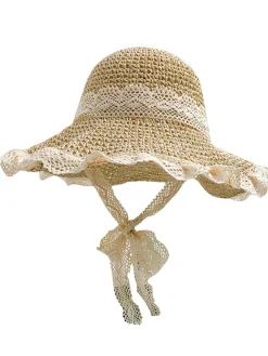 Discount Retro Stage Beige Lace Woven Straw Beach Sun Hat