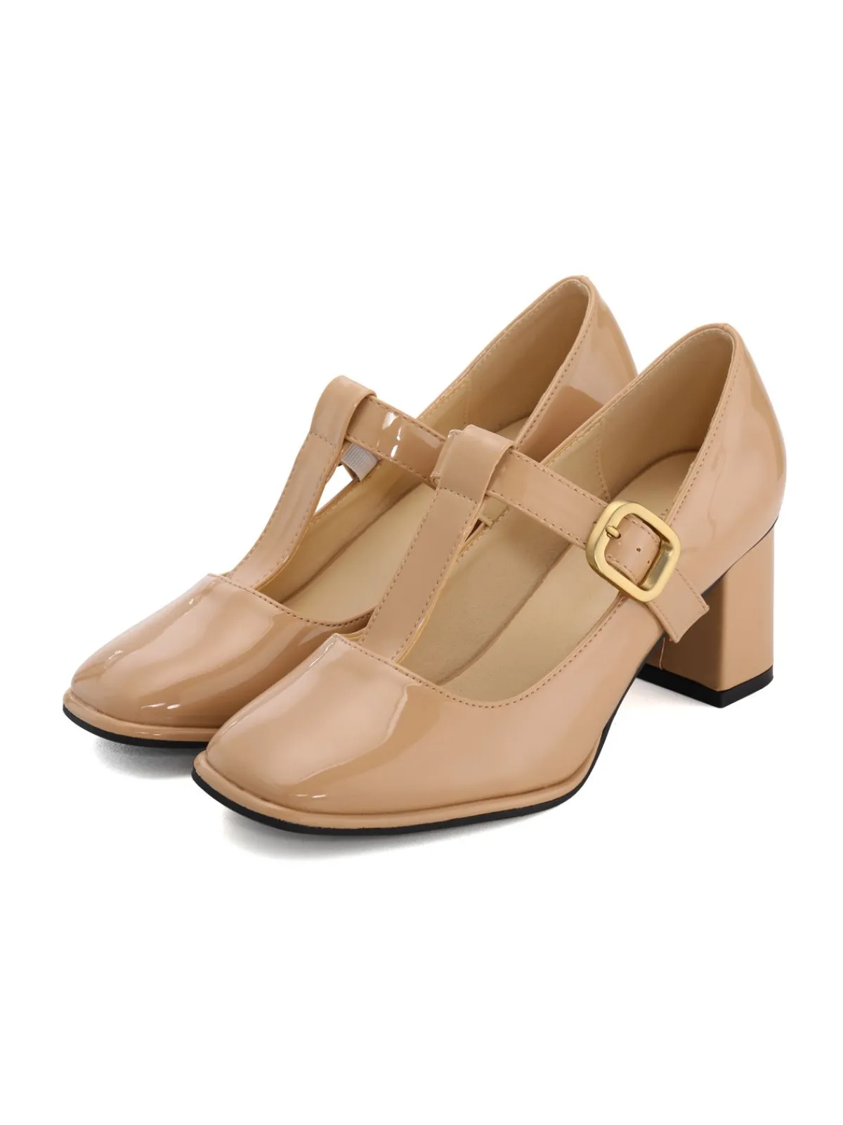 Sale Retro Stage Patent Leather Mary Jane Block Heel Shoes Beige