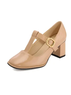 Sale Retro Stage Patent Leather Mary Jane Block Heel Shoes Beige
