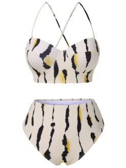 Online Retro Stage 1950s Back Cross Straps Ink Splash Swimsuit Beige