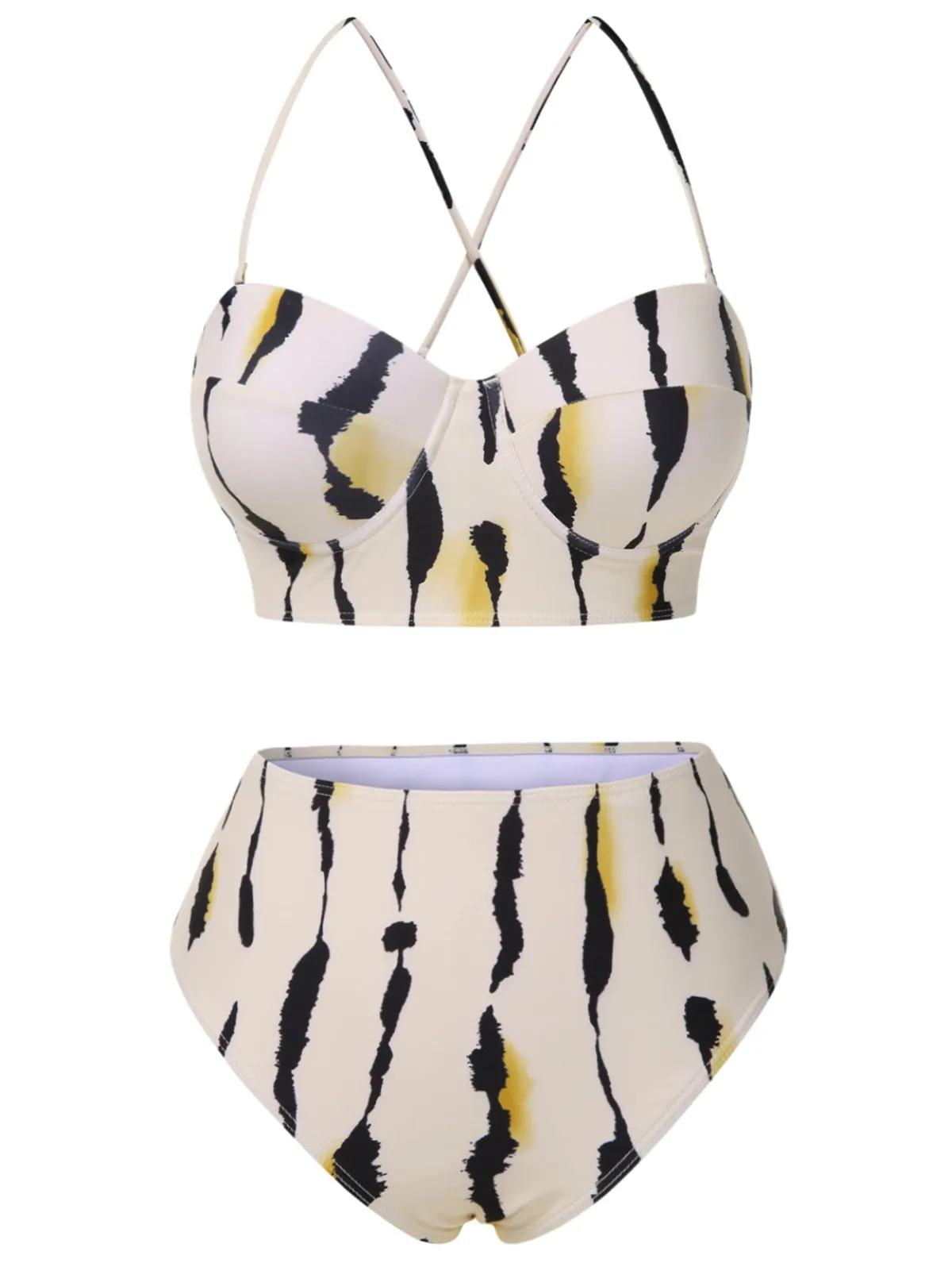 Online Retro Stage 1950s Back Cross Straps Ink Splash Swimsuit Beige