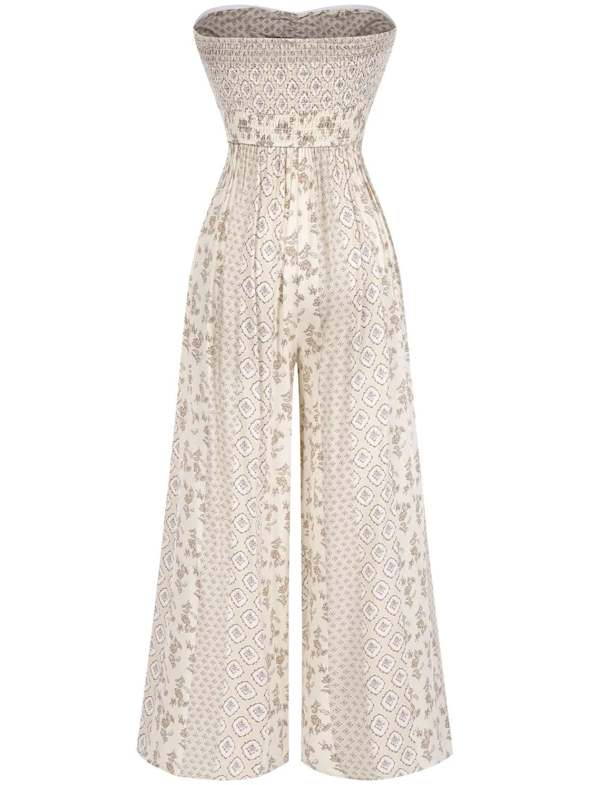 New Retro Stage 1970s Bandeau Bow Floral Bohemian Jumpsuit Beige