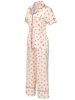 Sale Retro Stage 1960s Beetle Lapel Short Sleeve Pajamas Beige