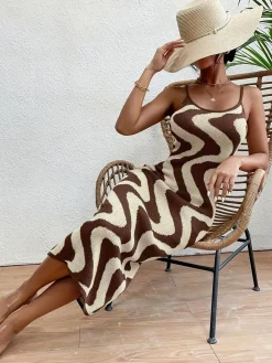 Fashion Retro Stage 1970s Boho Irregular Print Knit Dress Beige