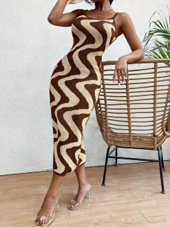 Fashion Retro Stage 1970s Boho Irregular Print Knit Dress Beige
